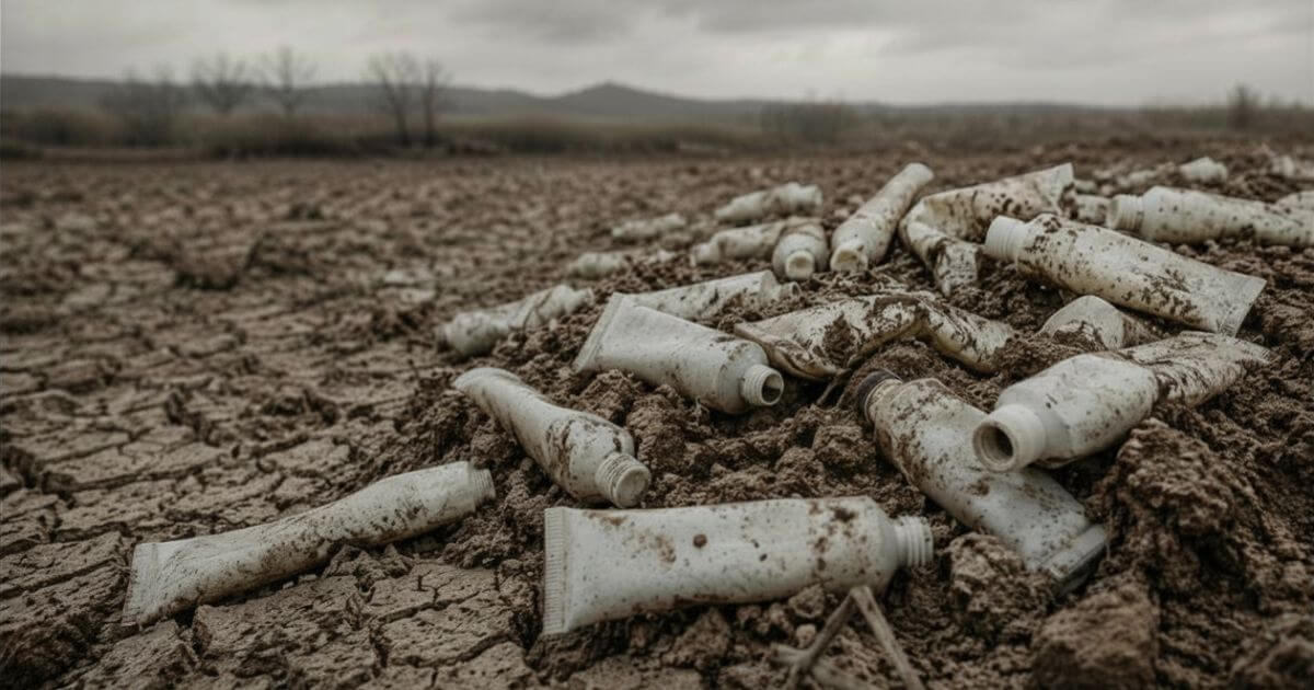 Discarded toothpaste tubes covered in dirt, scattered across cracked dry ground under an overcast sky