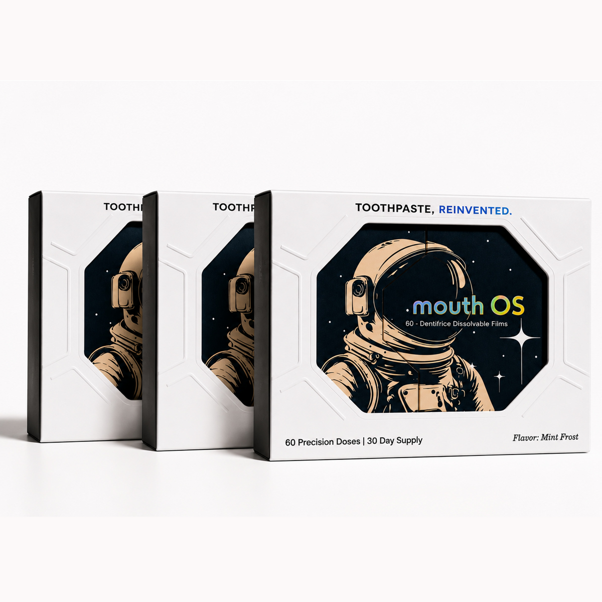 Three boxes of Clean Saint Mouth OS Mint Frost toothpaste film