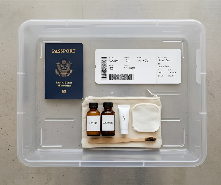 A clear airport security tray holding a passport and small travel toiletries.