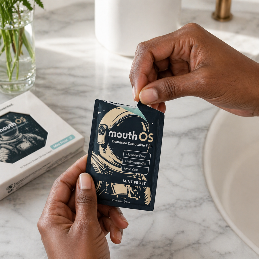 Hands opening Mouth OS Mint Frost sachet with Clean Saint box in background | waterless Dissolvable Film | 60 Precision Doses | 30-day supply
