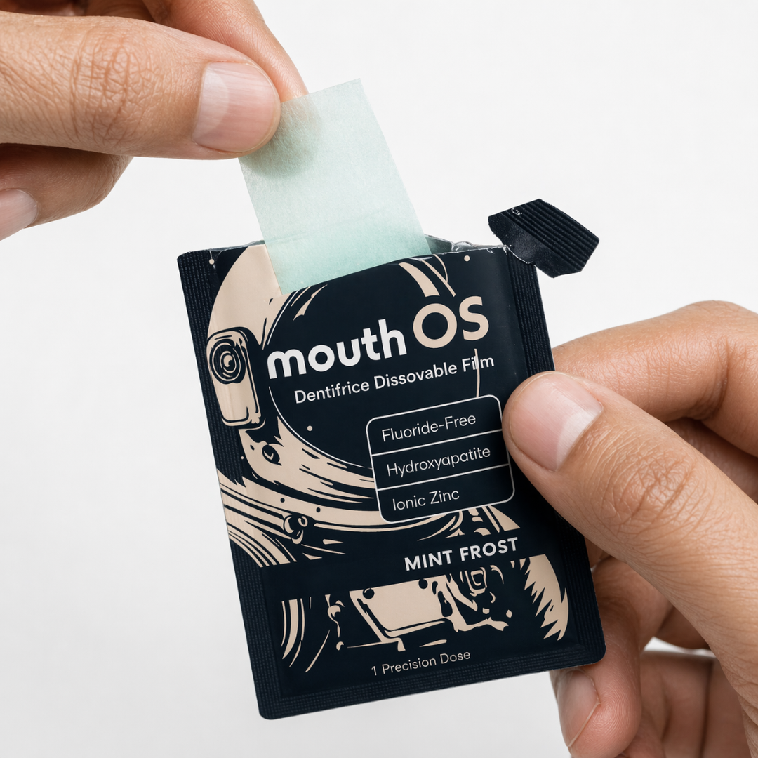 A Mouth OS Mint Frost dissolvable toothpaste film lifted from its individually sealed pack, one Precision Dose