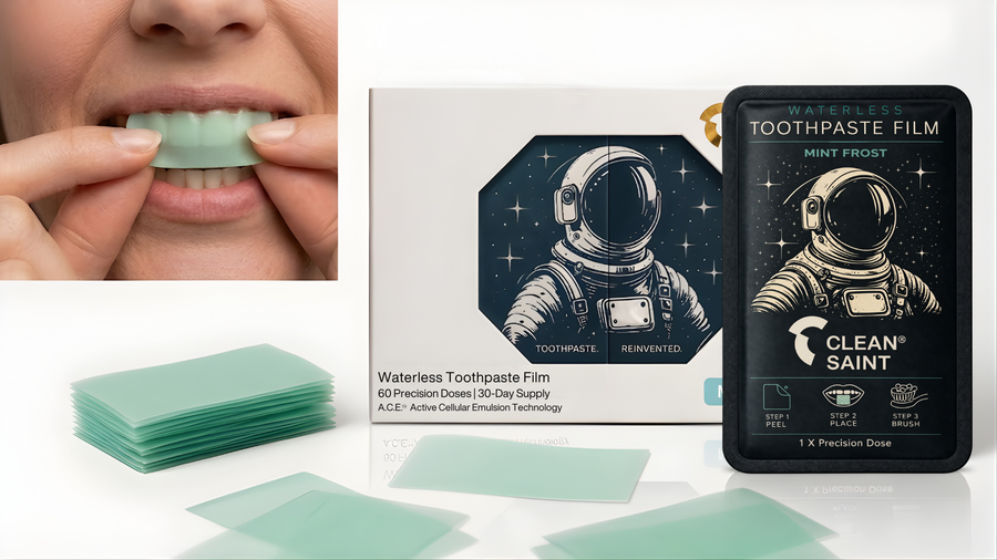 Clean Saint Mint Frost Dissolvable Film product collage. Inset close-up shows a Mint Frost film being placed directly on teeth. Main scene features the pearl white box with astronaut illustration and Toothpaste Reinvented split-panel design, a stack of loose mint green films, and individual films fanned across a white surface. Black Mint Frost sachet stands upright displaying the Clean Saint logo, astronaut graphic, three-step Peel Place Brush instructions, and 1X Precision Dose label.