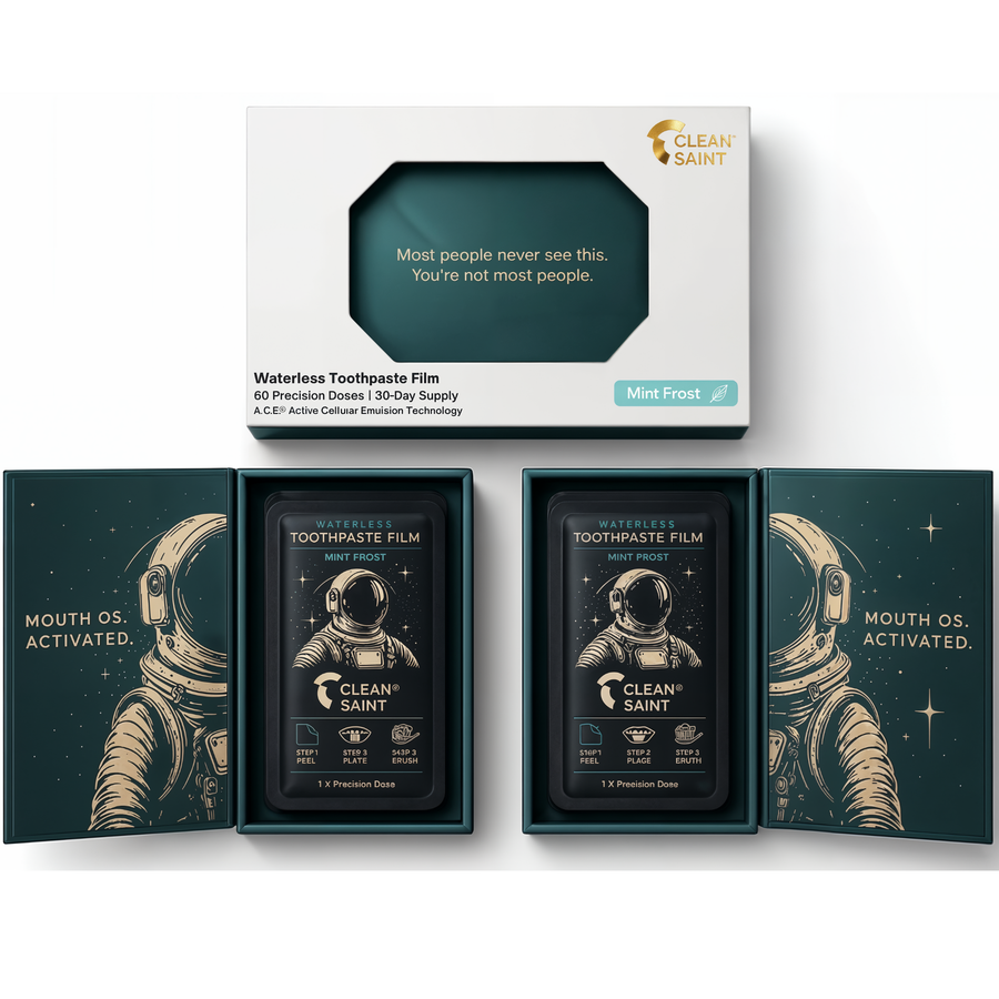 Clean Saint Mint Frost Dissolvable Film dual-drawer box open and fully extended, revealing two rows of individually sealed black sachets. Pearl white outer sleeve with Clean Saint logo and Waterless Toothpaste Film descriptor. Metallic dark teal inner drawers display the astronaut illustration in beige. Inner sleeve ceiling reads "Most people never see this. You're not most people." Front panel shows 60 Precision Doses, 30 Day Supply, and A.C.E. Technology Active Cellular Emulsion Technology. Mint Frost 