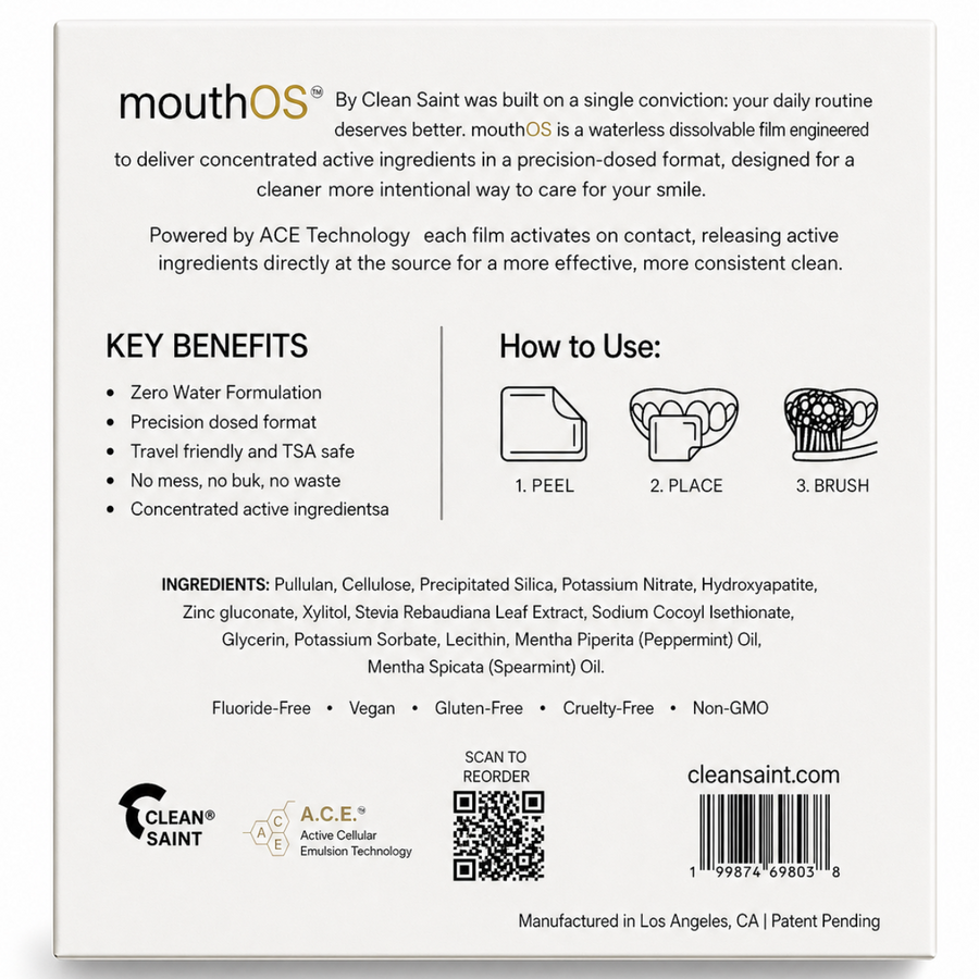 Mouth OS Mint Frost by Clean Saint back panel | 60 Dissolvable Film Precision Doses | A.C.E. Technology | Hydroxyapatite | Ionic Zinc | Fluoride-free | Made in Los Angeles