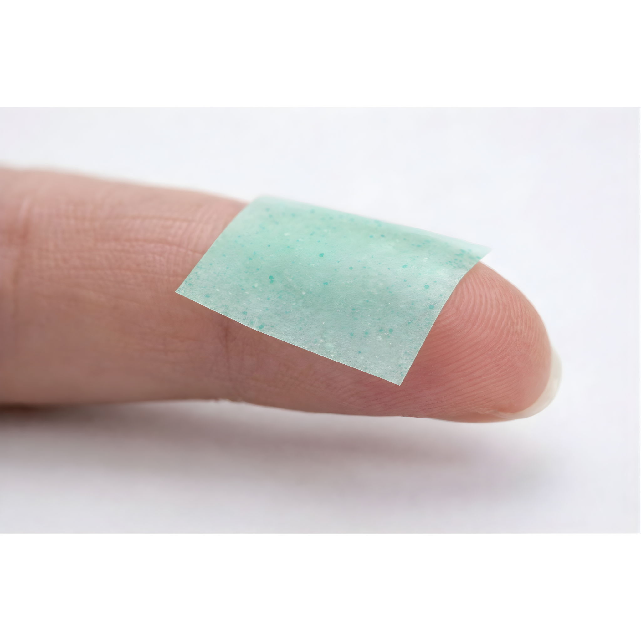 Clean Saint Mint Frost Dissolvable Toothpaste Film held on fingertip showing translucent mint green film texture and size