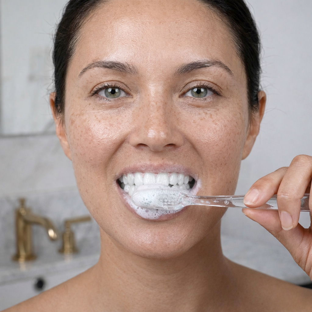 Clean Saint dissolvable film brushing white foam activation macro close up