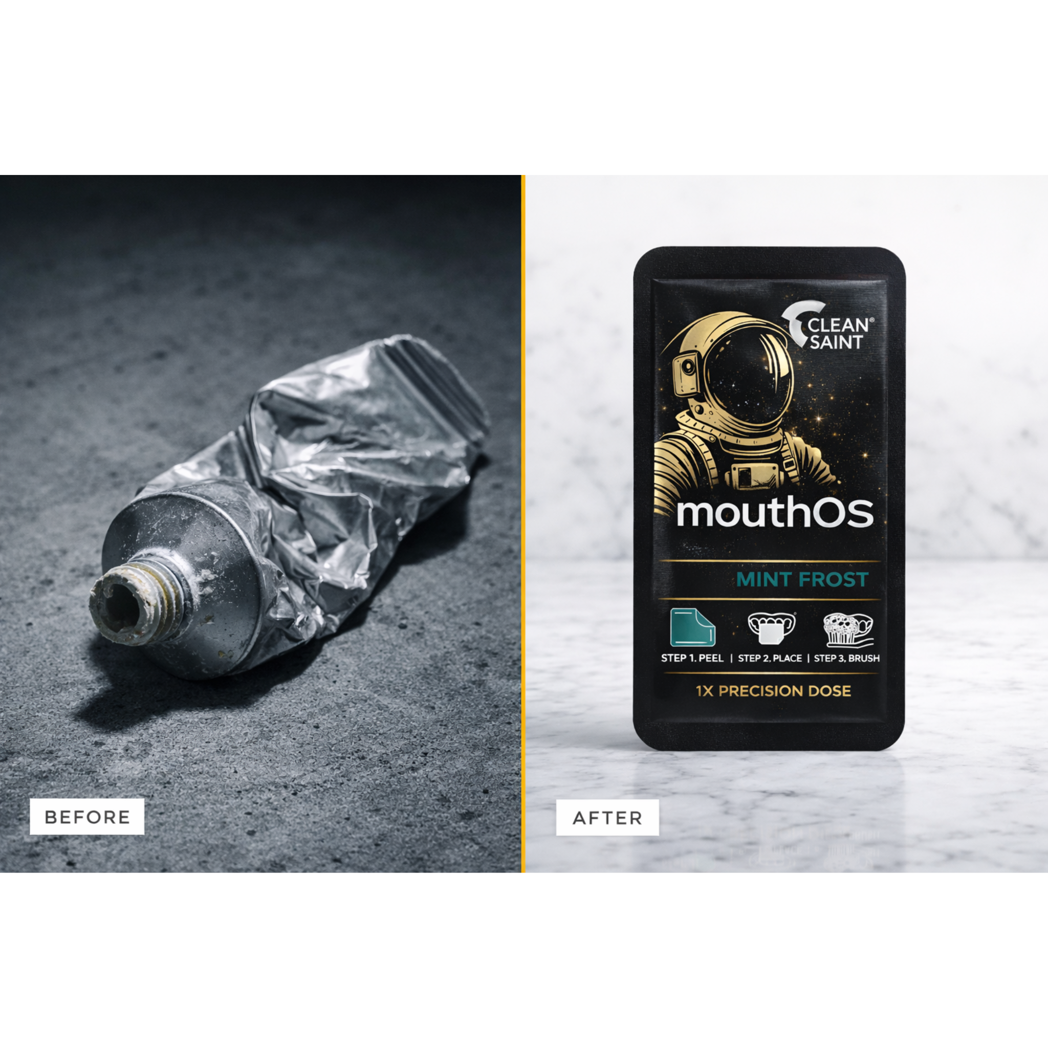 Side by side comparison of a crushed traditional toothpaste tube versus Clean Saint Dissolvable Toothpaste Film being placed on teeth and activating into foam