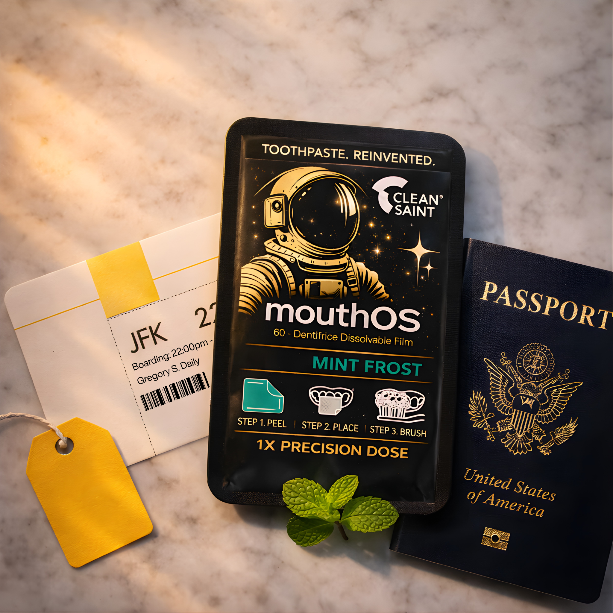 Clean Saint Mint Frost TSA ready travel waterless toothpaste film individually sealed