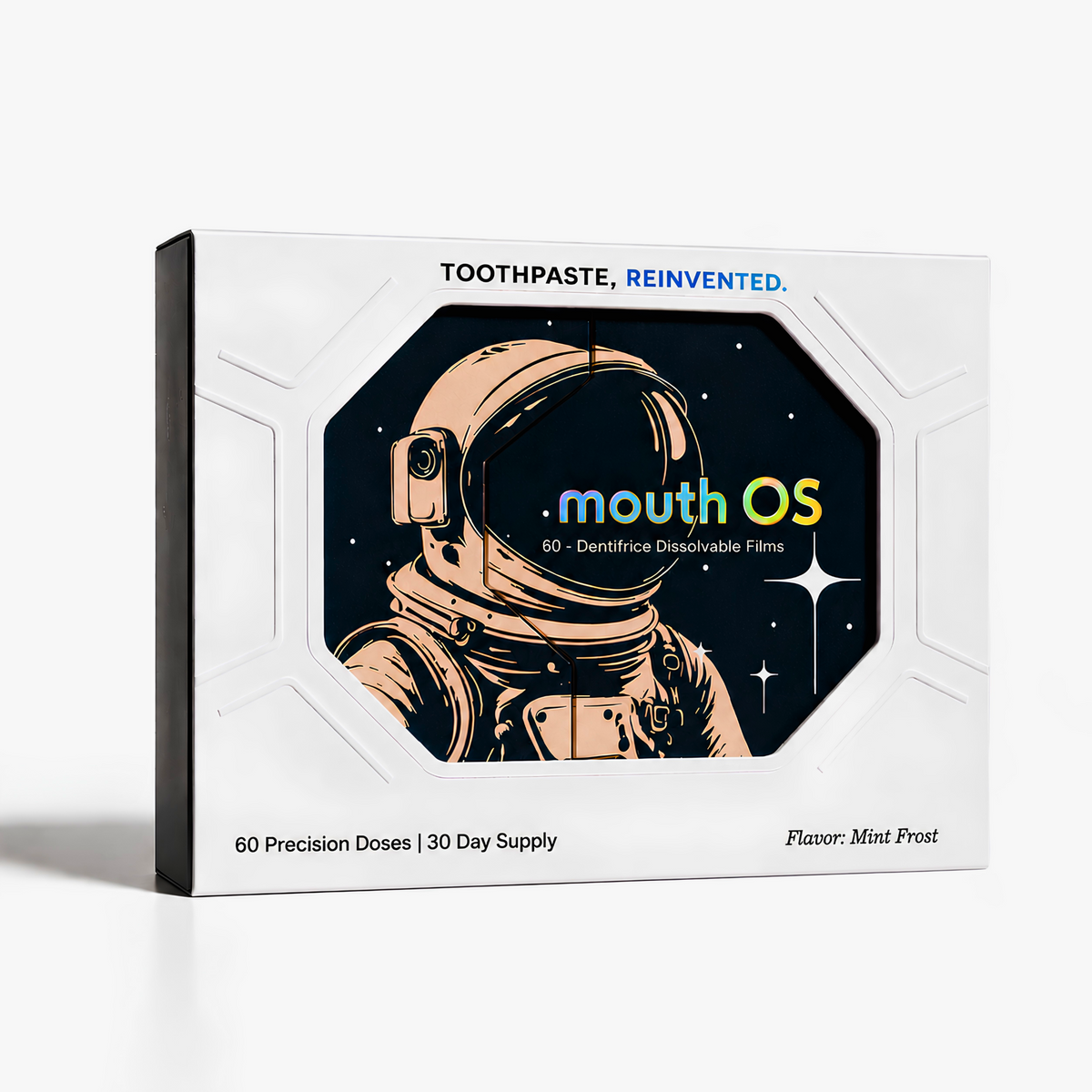 Clean Saint Mouth OS Mint Frost toothpaste film, 60 precision doses in a 30 day supply box