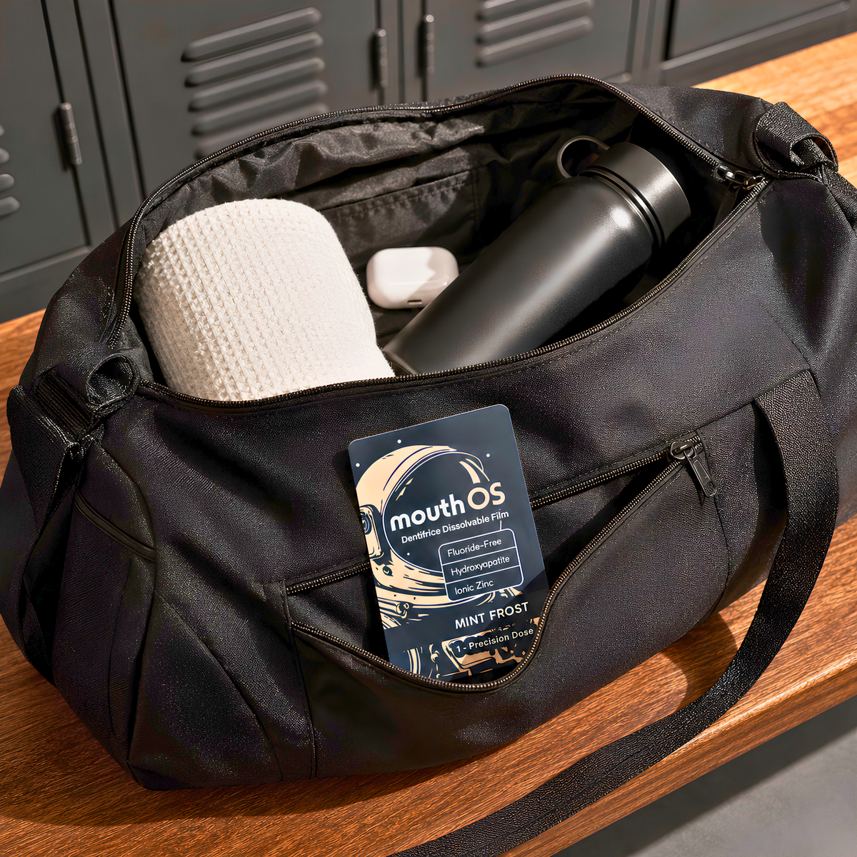 Mouth OS toothpaste film sachet tucked into a gym bag pocket with everyday essentials