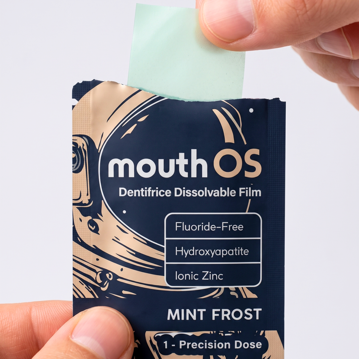 Mint Frost toothpaste film being removed from an individual Mouth OS sachet