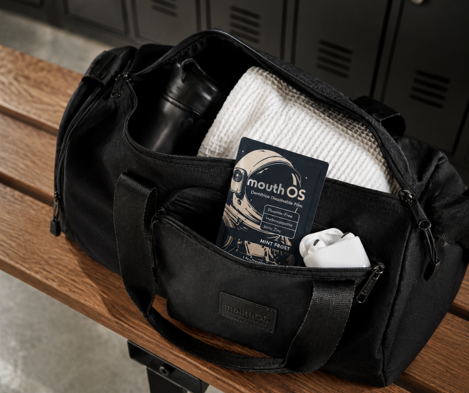 Mouth OS Mint Frost sealed Precision Dose packed in a gym bag with a towel and earbuds, travel-ready oral care